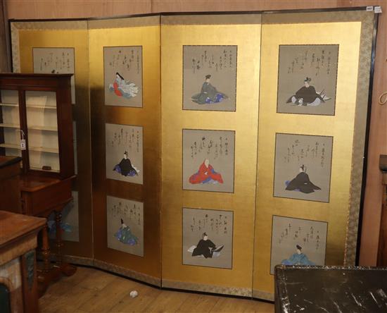 A wall mounted Japanese four fold screen of painted silk H.180cm